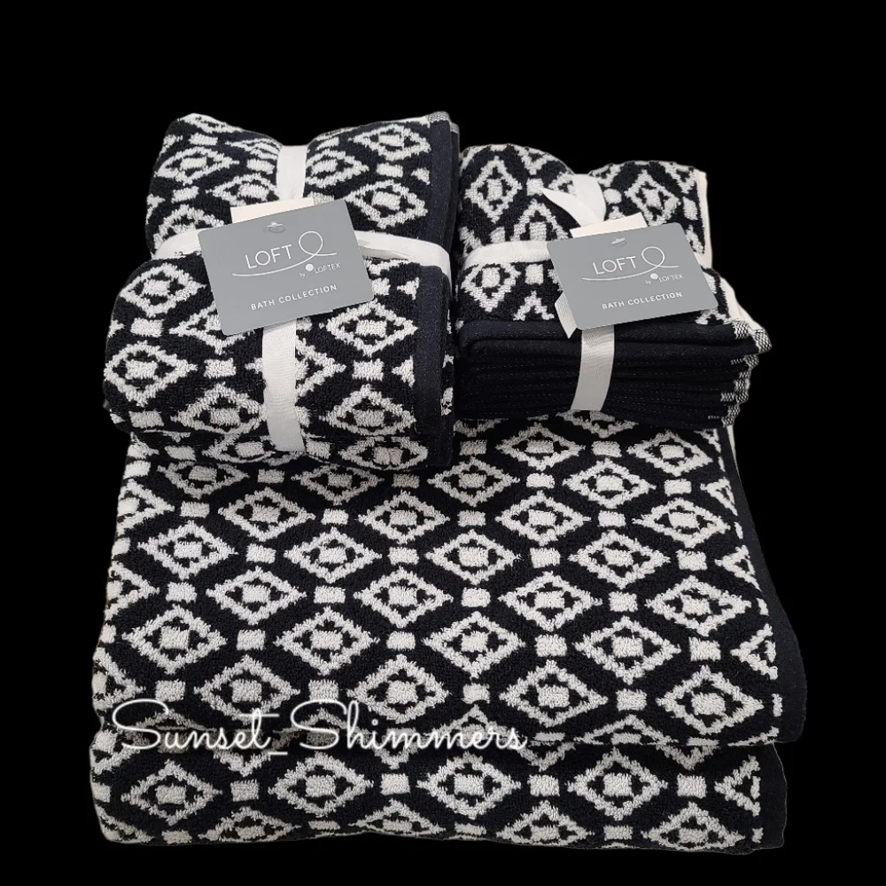 8pc Loft Bath Hand Washcloth Black & White Diamond Aztec Tile Towel Set New